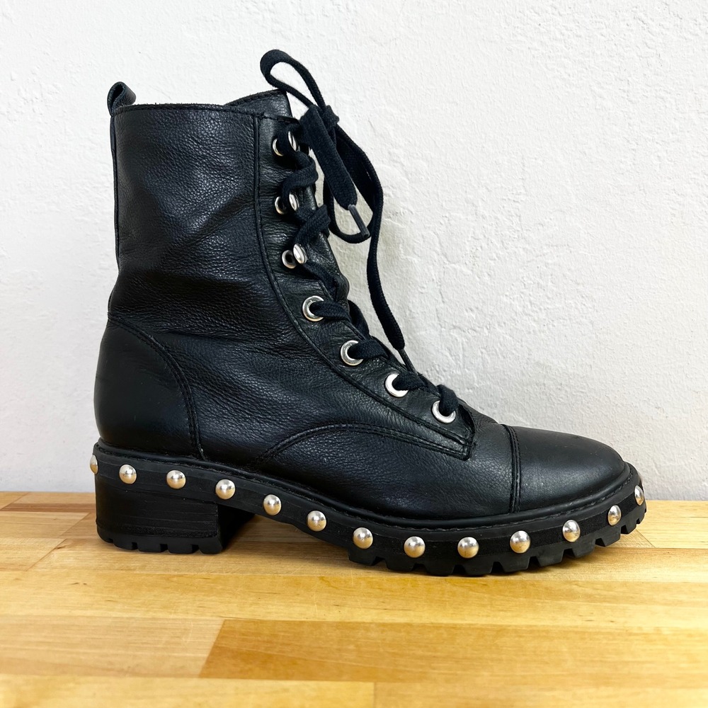 Schutz Combat Boots‎ Black Leather Andrea Studded Lace Up Womens Size 7.5